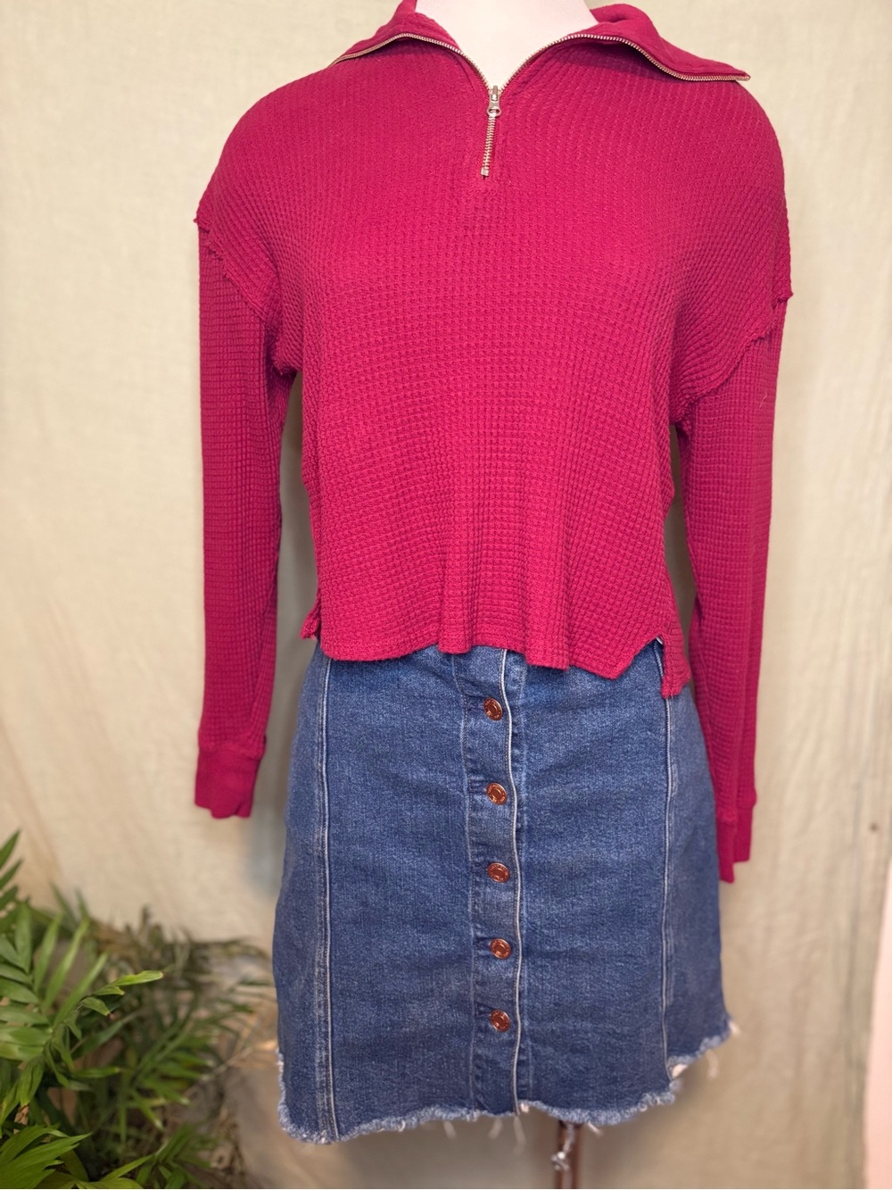 Red Quarter-Zip Waffle Knit Cropped Pullover